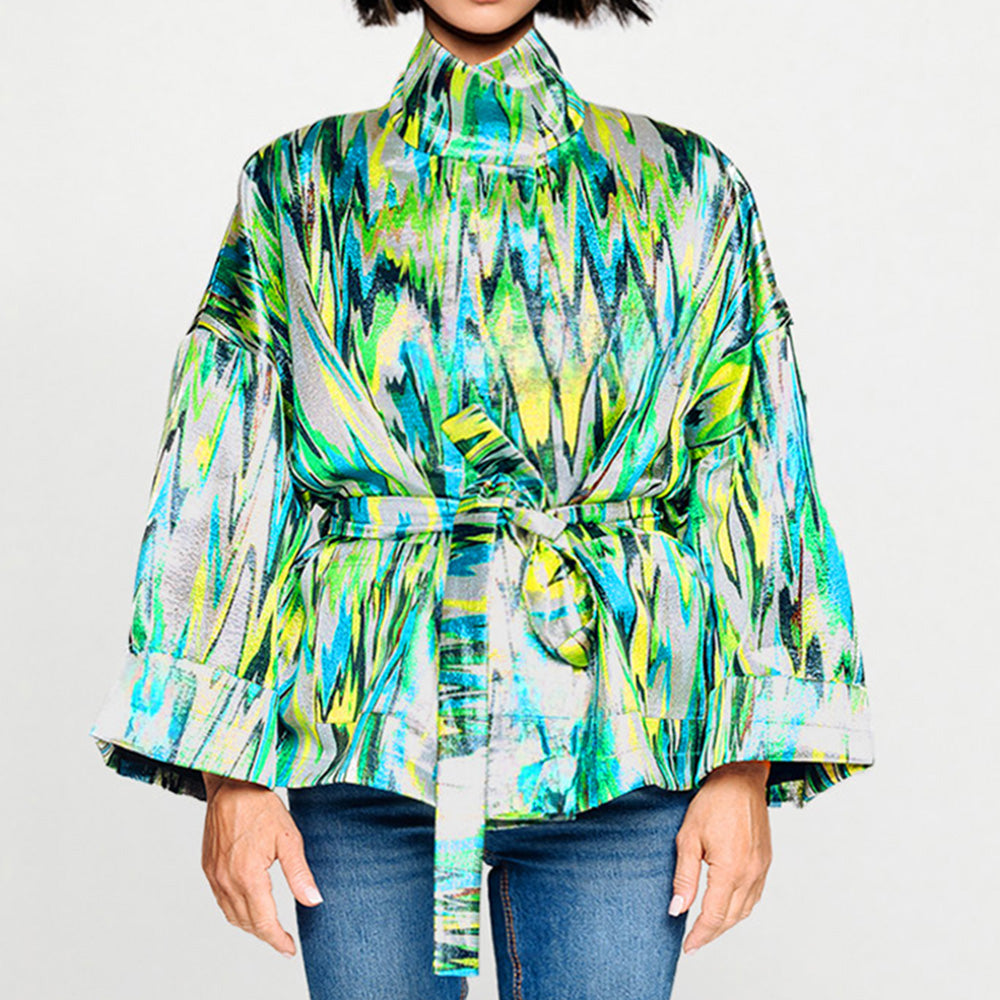 Lyxig fyrkantig boxig jacka zigzag grön turkos mönstrad 