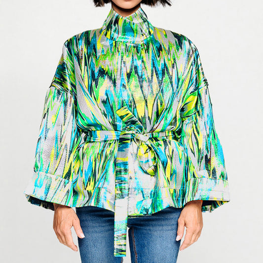 Lyxig fyrkantig boxig jacka zigzag grön turkos mönstrad 