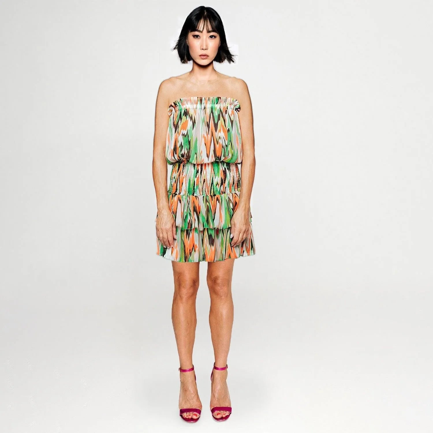 SALE zigzag green orange printed Women's Smocked Ruffle Skirt